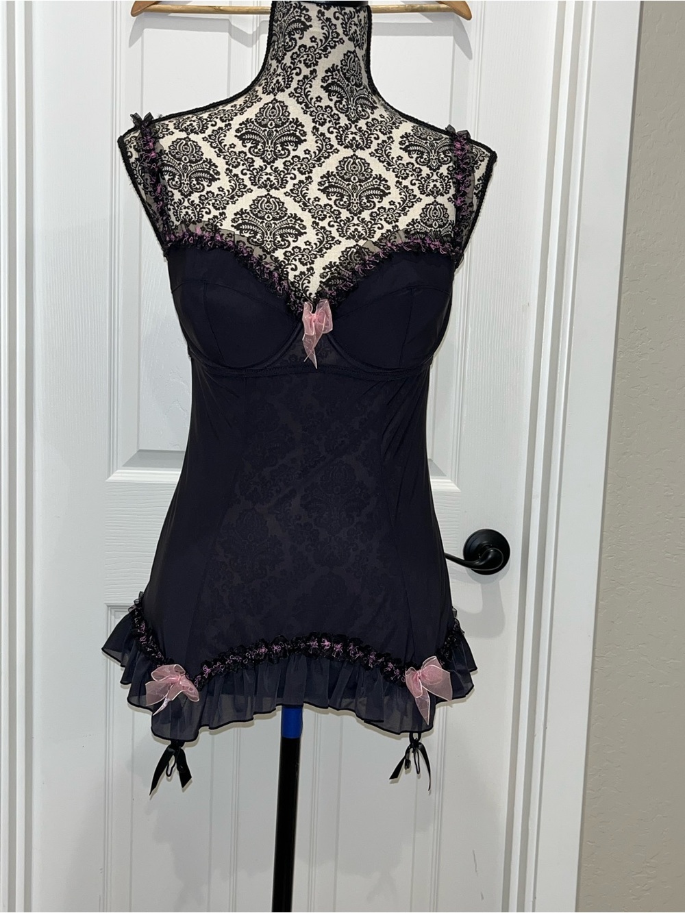 Victoria's Secret Black Chemise with Pink Bow Details